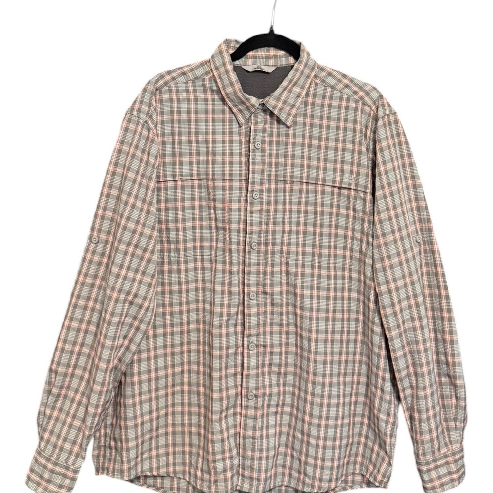 Wrangler Mens Plaid Long Sleeve Ventilated Fishing Hiking Shirt Grey Orange L